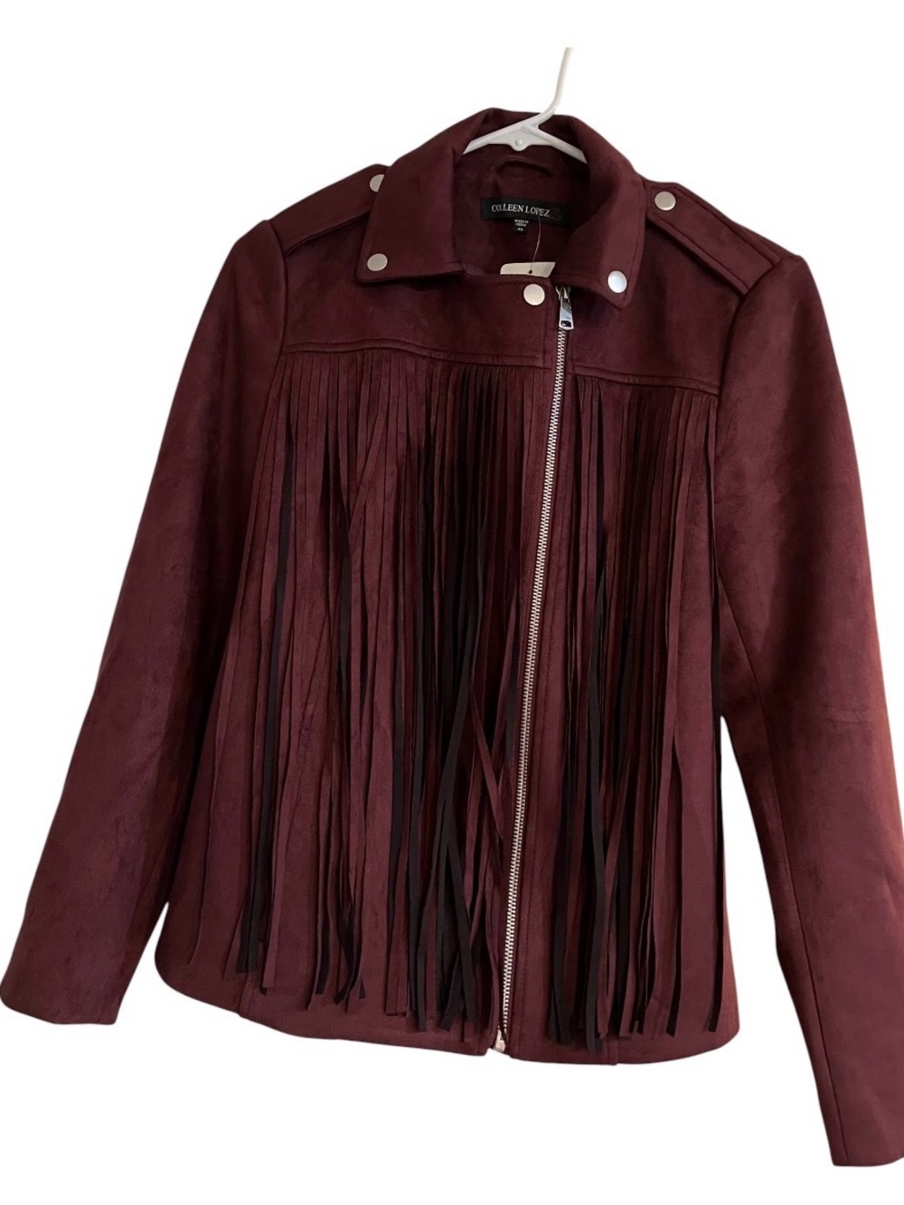 Colleen Lopez Faux Suede Moto Jacket with Fringe. XS burgundy red